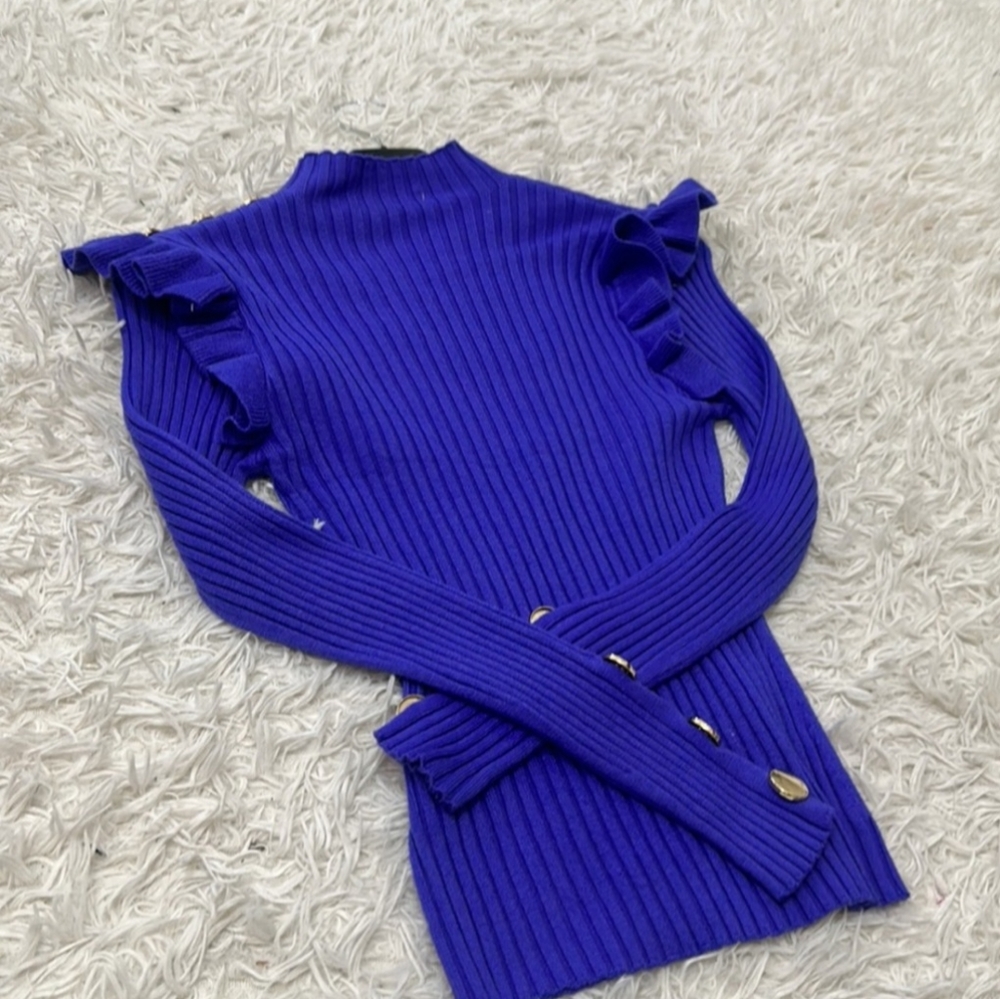 Gorgeous, Deep Purple Knit top with gold embellished buttons.
